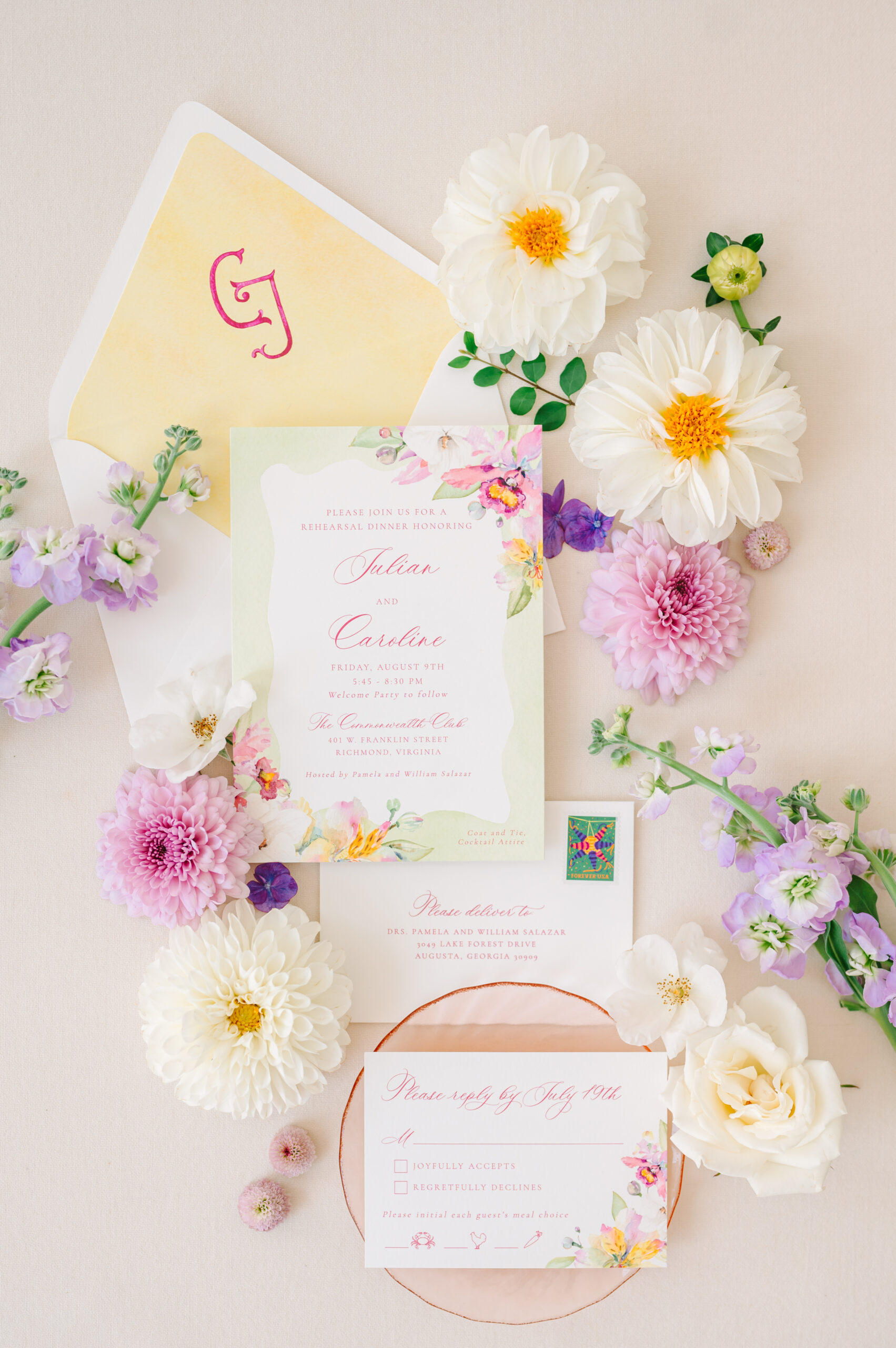 Rehearsal dinner invitation with watercolor florals and monogram