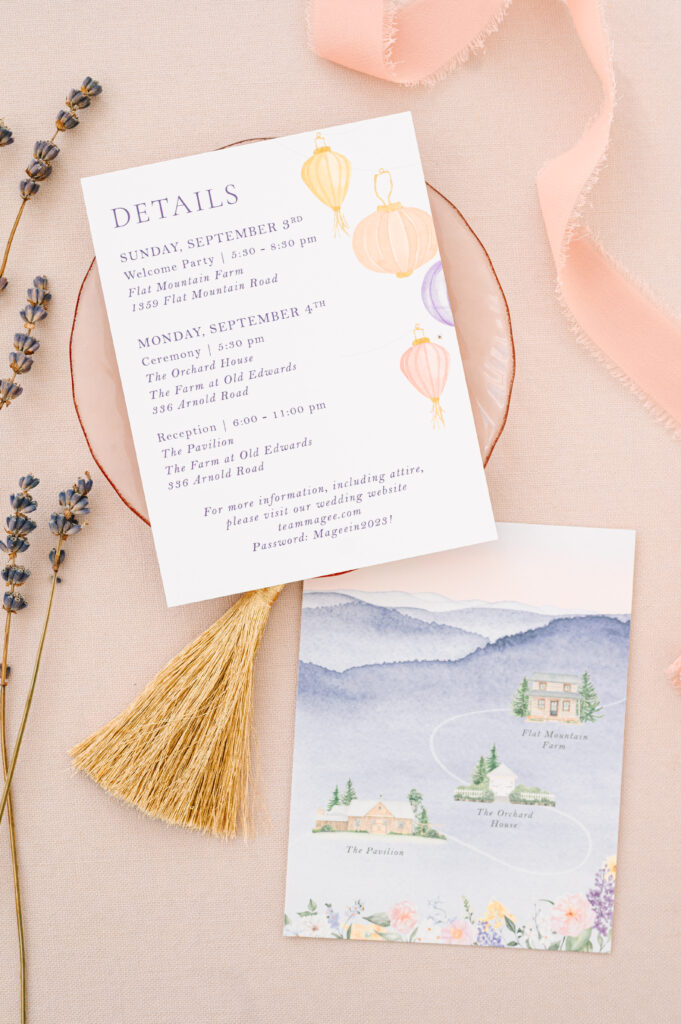 Details card with Vietnamese lanterns and watercolor map