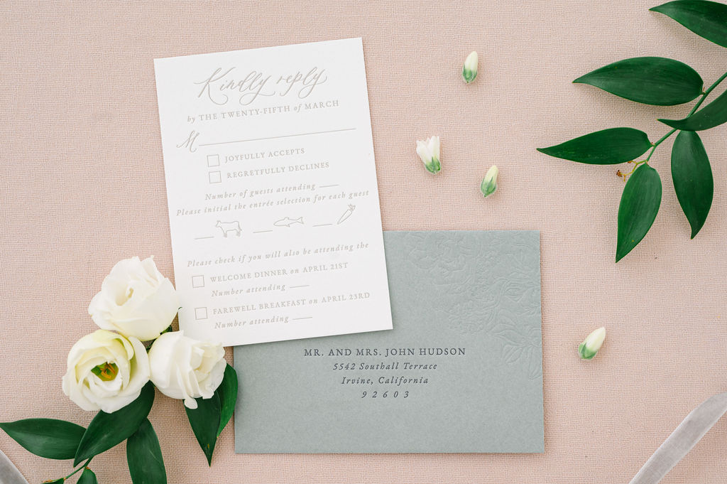 RSVP card and embossed wedding envelope
