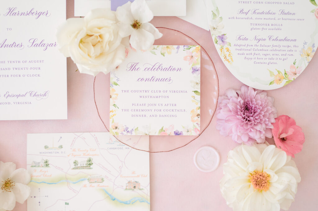 Caroline and Julian's wedding invitation with watercolor map